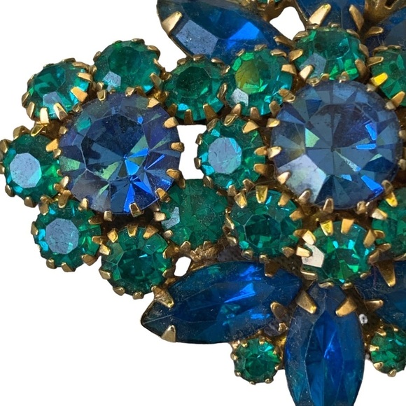 Art Deco Style Emerald Green & Blue Rhinestone Dangle Brooch  Vintage Blue Green Rhinestone Brooch Large Size Glam Mid Century